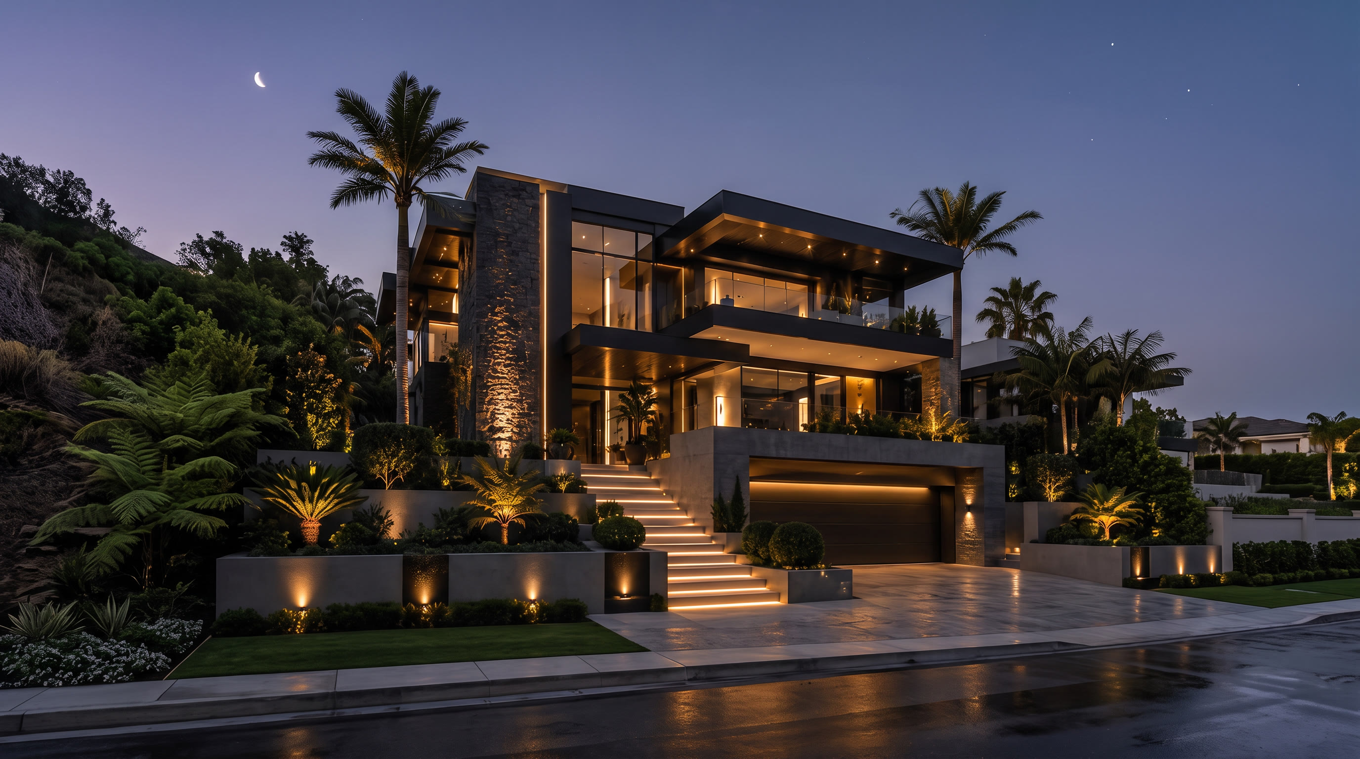Modern luxury real estate exterior at dusk